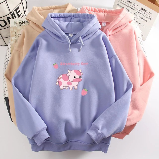 HOODIE WANITA STRAWBERRY COW - ATASAN LUCU PREMIUM