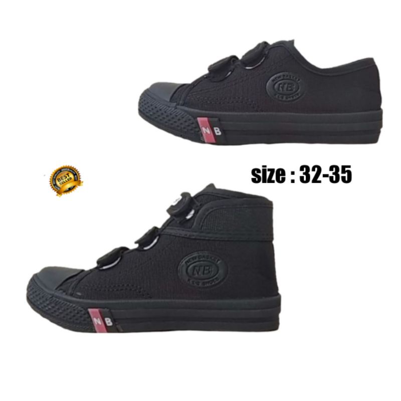 SEPATU SEKOLAH NB ANAK SD/ALL BLACK/PEREKAT/SPATU SEKOLAH FULL HITAM/VELCRO UKURAN 32-40