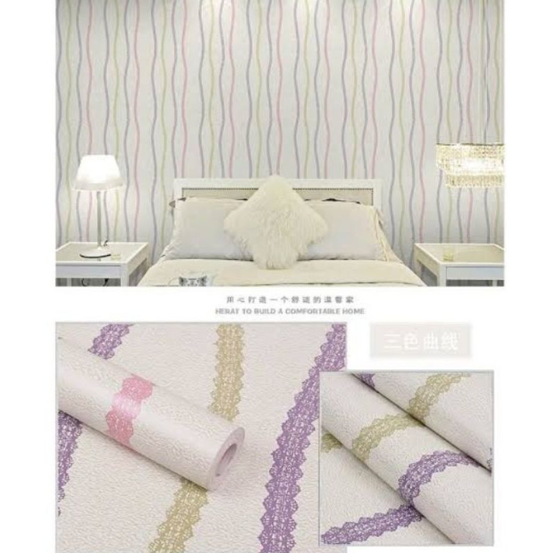 WALLPAPER STICKER DINDING 45 CM x 10 M MOTIF GARIS GELOMBANG RENDA WARNA PINK UNGU HIJAU CERAH