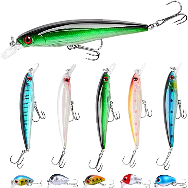 Hengjia 10pcs Umpan Pancing Ikan Kecil Untuk Ikan Bass / Trout Hard Plastic Minnow Crankabit Fishing Lure set With Fishing Box