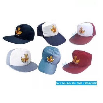 Topi Merah Putih / Topi Merah Polos Anak SD / Topi Seragam Sekolah SD Kelas 1-6 Logo Bordir