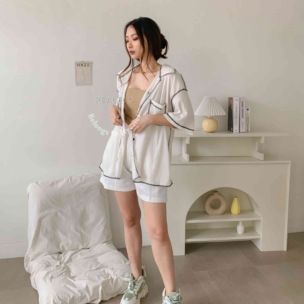 HYERIES Dabin shirt / Kemeja oversize / Pakaian Casual Wanita / Kemeja Polos Wanita / Kemeja jumbo bigsize / Atasan casual wanita / Atasan bumil / Rib blouse / Short sleeves shirt / Kemeja lengan pendek / Basic Shirt / Korea outfit / Knit oversized