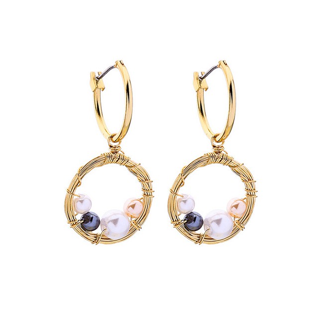 LRC Anting Tusuk Fashion Gold Openwork Geometric Circle Pearl Earrings F95528