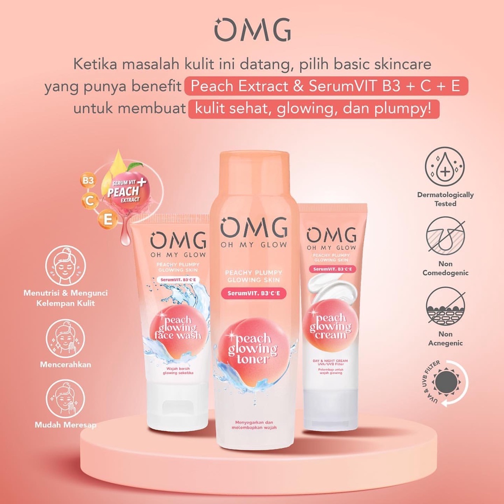 OMG Oh My Glow Peach Glowing Face Wash Indonesia / Pembersih Wajah 50gr / Skincare Face Care / Facial Cleanser Essence Toner Serum Day Night Eye Cream Moisturizer Sunscreen Mask / Body Lotion / Make Up Glam Foundation Lip Cream / Brightening Acne Paket