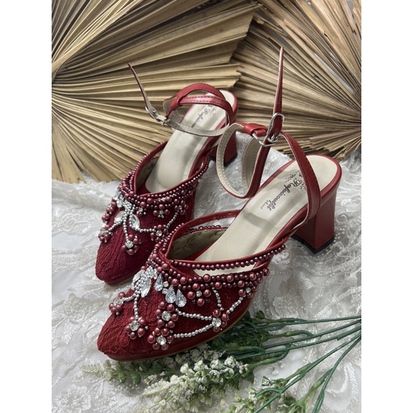 sepatu wanita pesta wedding melani tali merah marron 7cm tahu