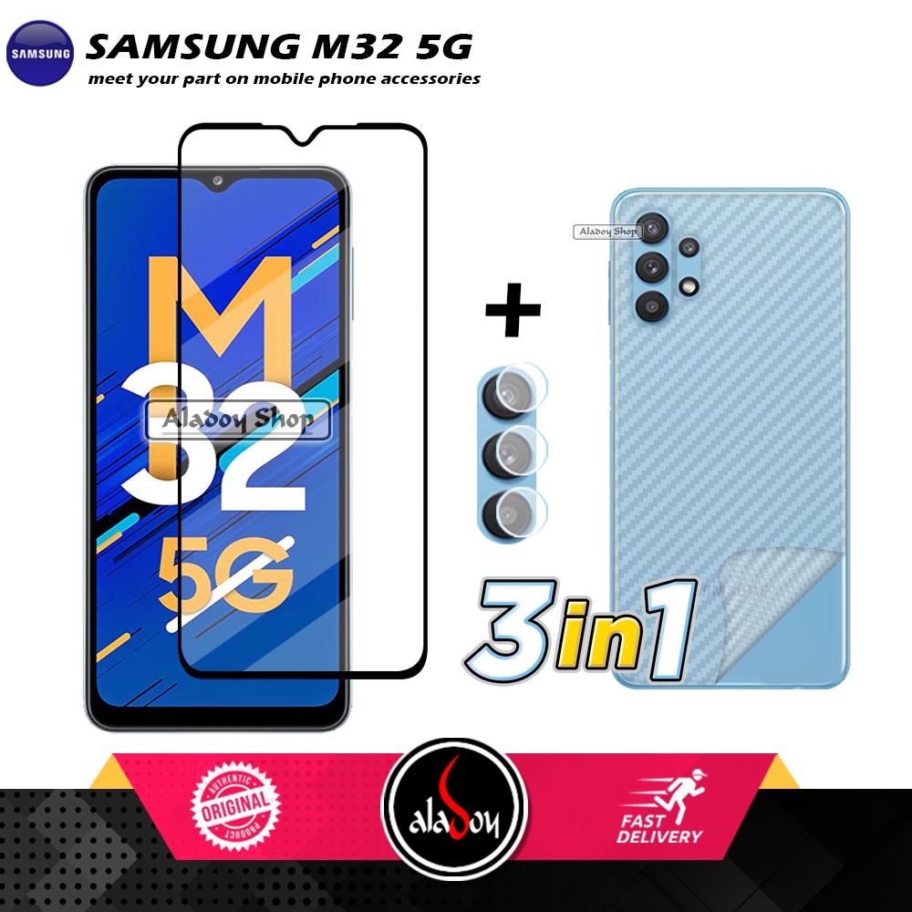 PROMO 3 IN 1 PAKET Tempered Glass SAMSUNG M32 5G 2022 Free Tempered Glass Camera dan Skin Carbon