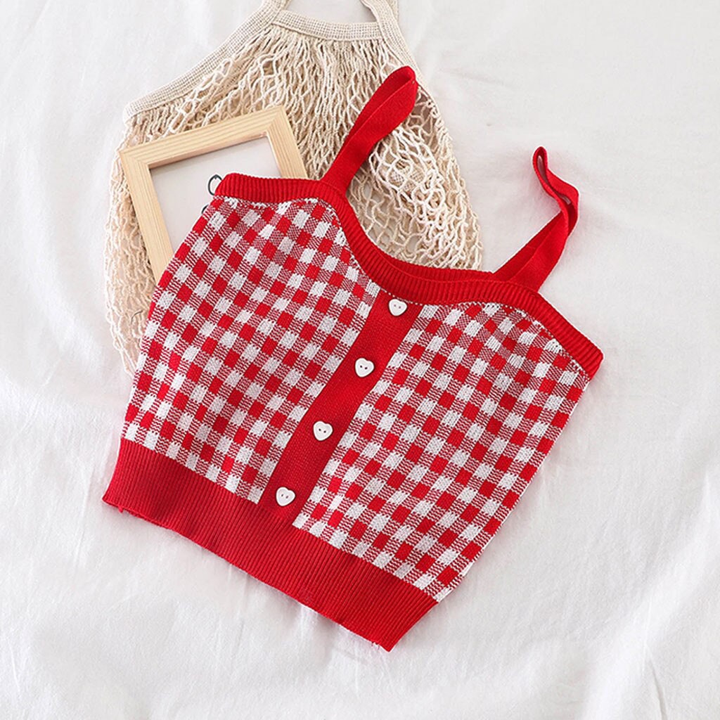 Korean Square Knit Crop Tank Top Wanita Motif Kotak - Kotak C053-Red