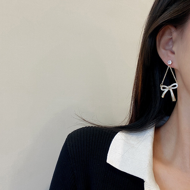Anting Tusuk Gantung Sterling Silver 925 Desain Pita Hias Zircon Berkilau Untuk Wanita