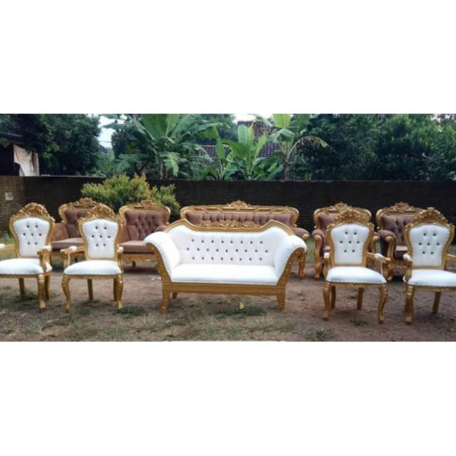 Kursi sofa pengantin pelaminan jati gold white jok