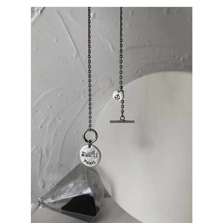 Kalung Rantai Klavikula Pendek Dengan Liontin Bulat Motif Tulisan Gaya Korea Untuk Wanita