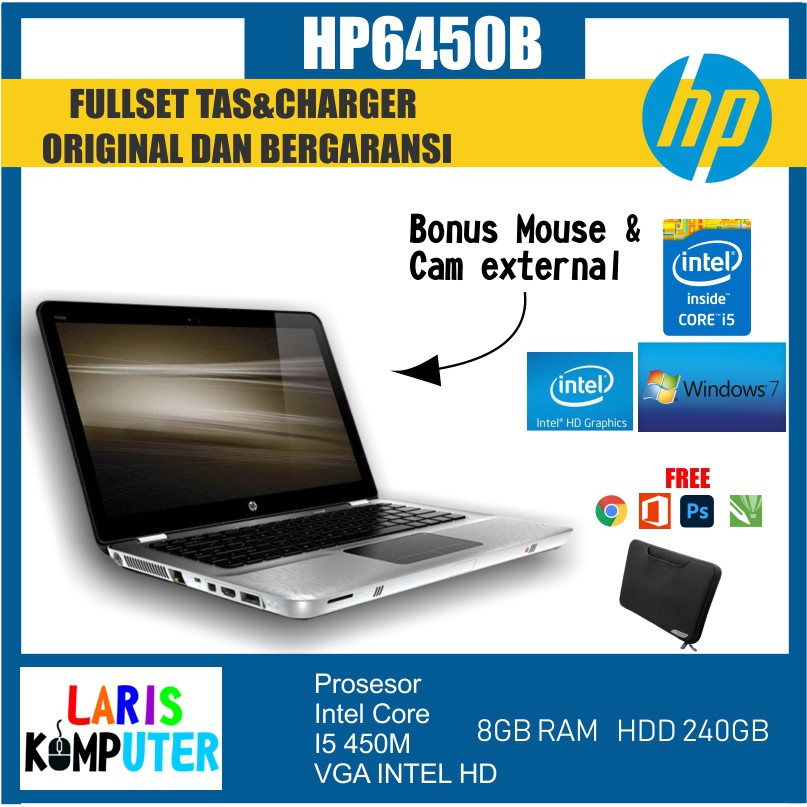 Laptop Fulset Second Murah HP 6450B Intel Core I5 450M RAM 8GB SSD 256GB Mulus99% Bergaransi Origina