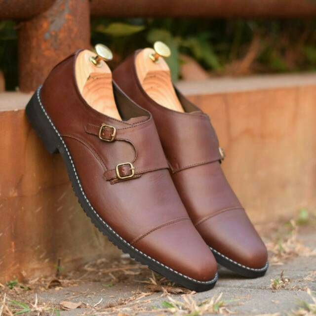 [Best Seller] Sepatu Kulit Pria Azcost Formal Pantofel Double Monkstrap Brown
