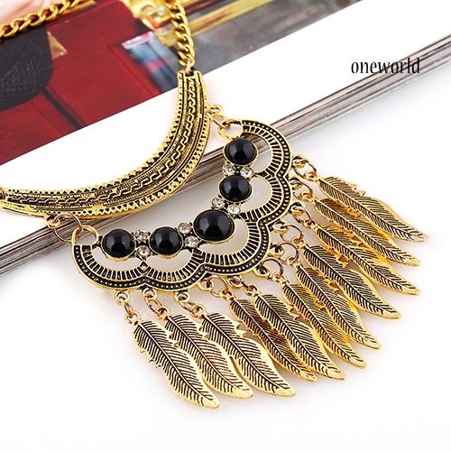 OW@ Women Vintage Leaves Tassels Pendant Choker Necklace Hook Earrings Jewelry Set