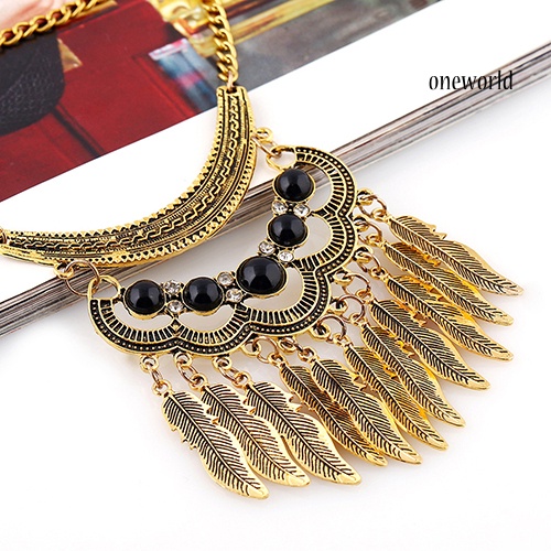 OW@ Women Vintage Leaves Tassels Pendant Choker Necklace Hook Earrings Jewelry Set