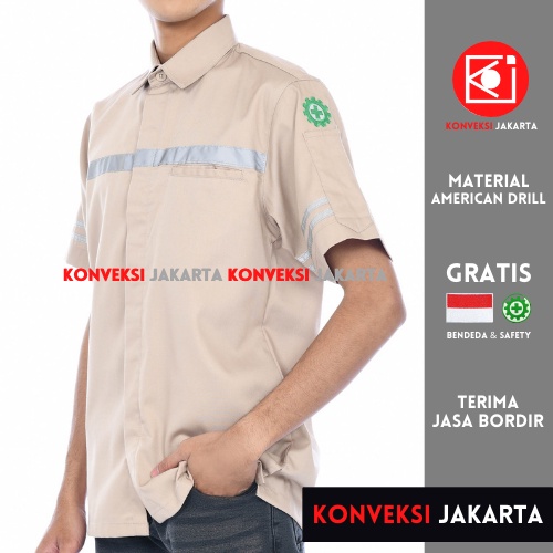 Baju Kerja Wearpack Kemeja Safety K3 Proyek Tambang Lengan Pendek  - Pakaian Seragam Werpak Kerja Atasan Scotlite Lapangan Pendek Warna Cream Krem Pria Wanita