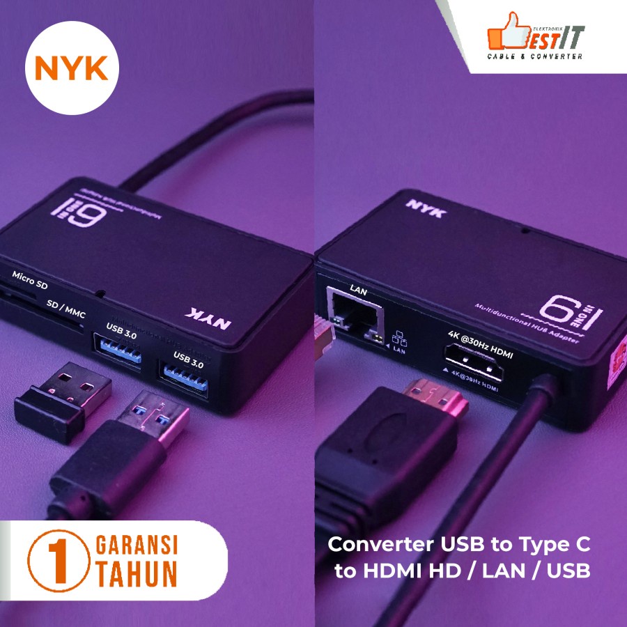 USB Type C HUB 6 in 1 Converter - LAN /HDMI 4K /USB /Card Read NYK Original