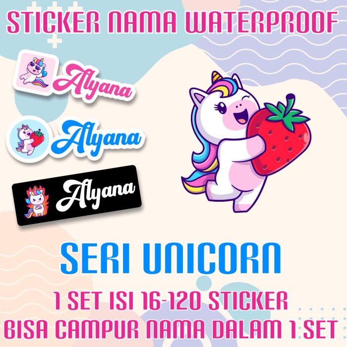 

[14-120 pcs] Sticker Nama Custom Waterproof Unicorn
