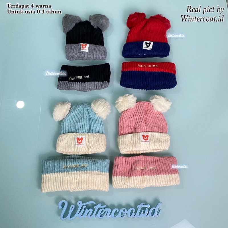 Topi kupluk bayi beanie anak scarf penghangat leher import bearly set hangat newborn warm knit rajut