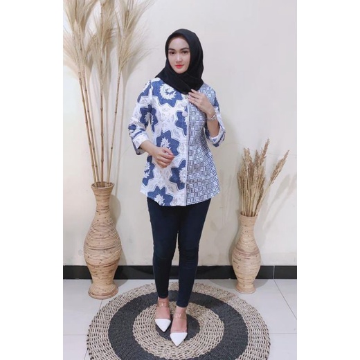 tey-17 Batik wanita ASJ SA HRB026 Kenongo Kemeja Tosca Pendek-Sibori dapel biru