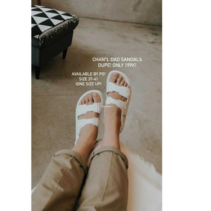 ☎ Sendal Tali Wanita Ivory & Black | Sandals Karet Dupe White Sandal Chanel Impor Import Gunung Jell