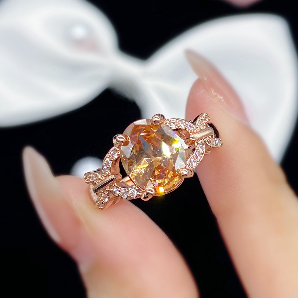Permata Sampanye Cincin Baja Titanium Kristal Rose Gold Berlian Fashion Wanita Pertunangan Pernikahan Rings