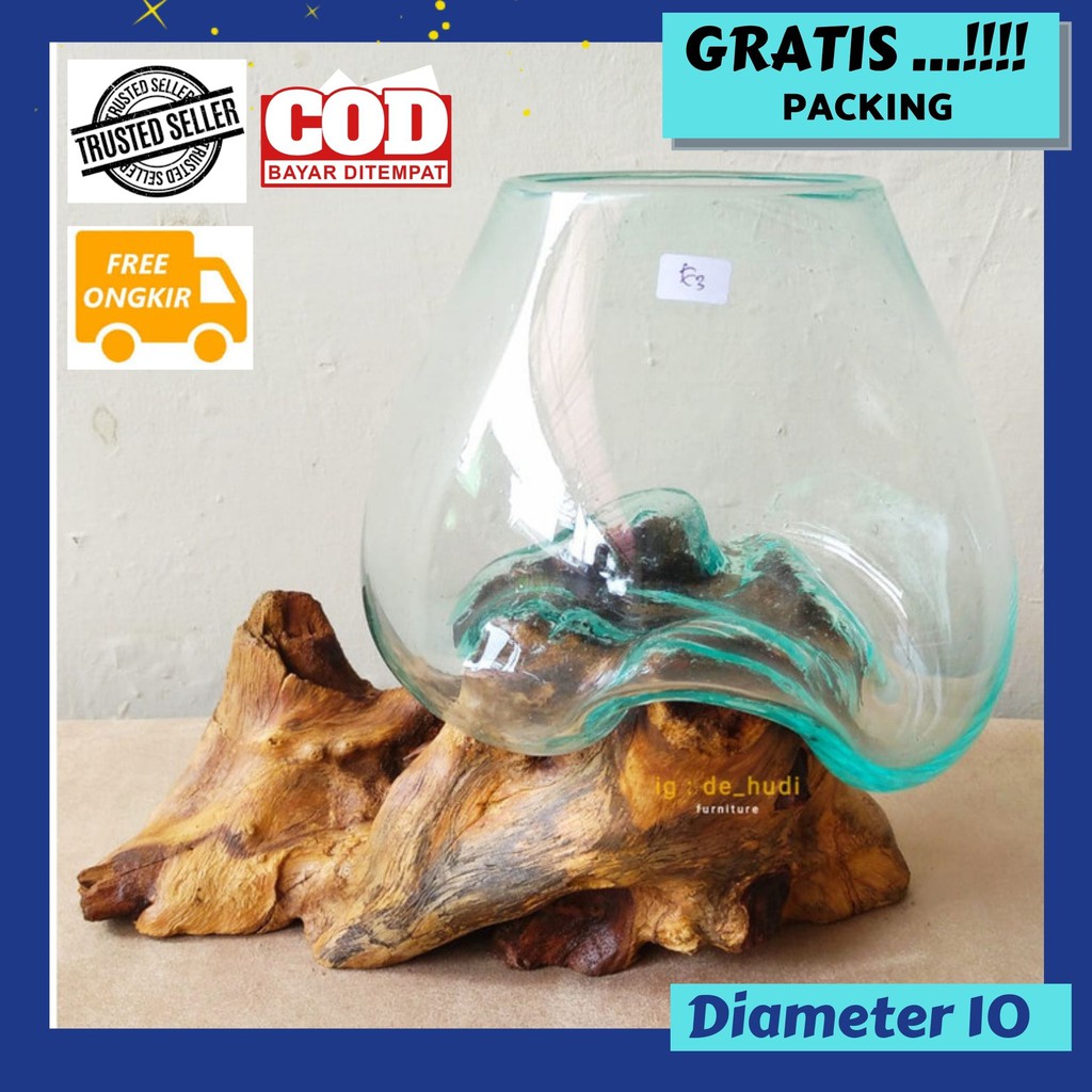 Akuarium Ikan Cupang Aquarium Unik Aquascape Pot Kaca Tiup Terrarium, Ikan Guppy, GLASS ON WOOD