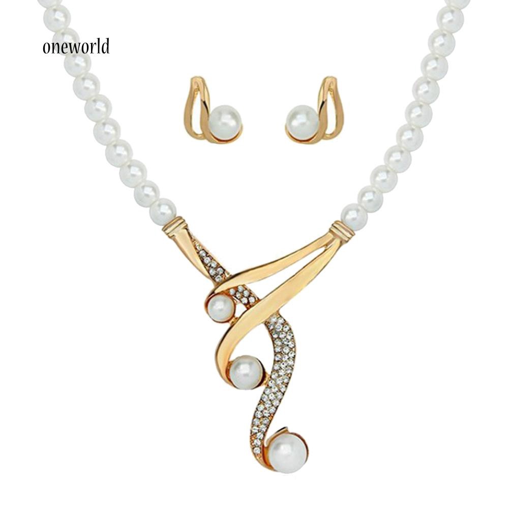 OW✪Hook Shape Pendant Faux Pearl Beaded Necklace Earrings Bridal Party Jewelry Set