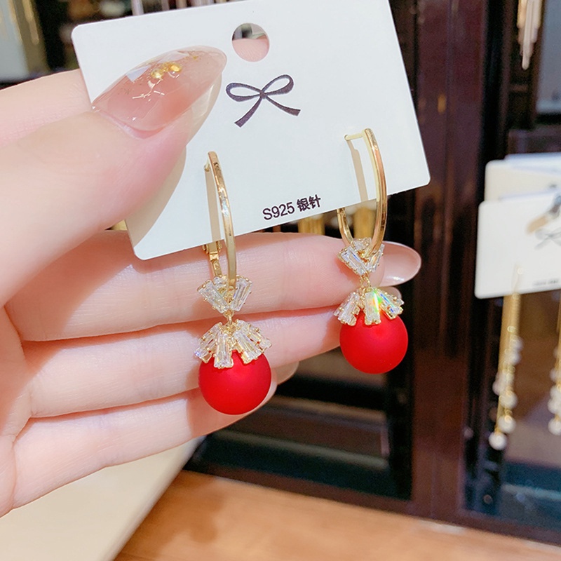 Fancyqube Anting Stud Kristal Mutiara Berlian Imitasi Model Pita Bunga Cherry Merah Untuk Wanita