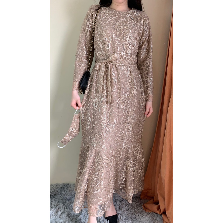 Ken-237 Busana Gamis Long Dress kondangan Muslim Hijab Wanita Dress Pesta Korean Look Model Duyung Premium Full Tulle High Quality-Coksu