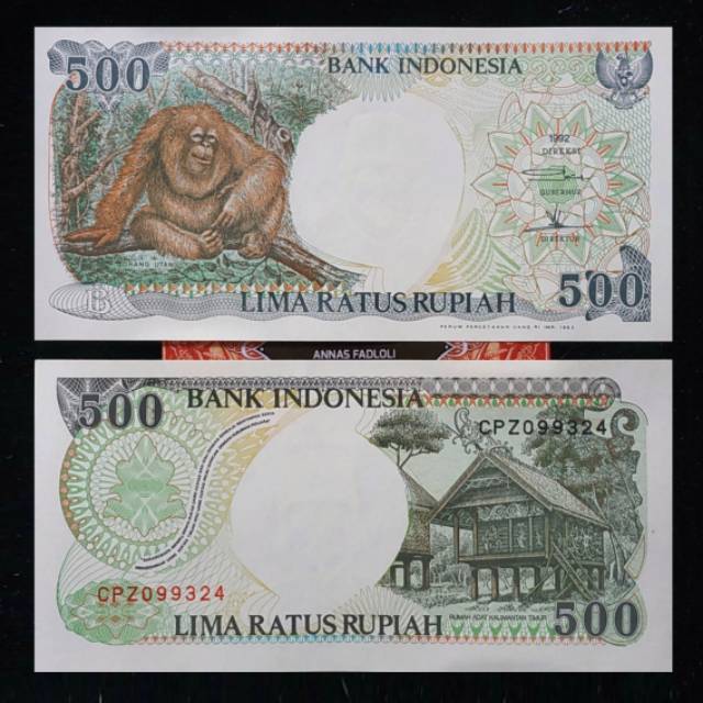 (GRESS/AU/UNC) Uang kuno rp 500 orang utan tahun 1992