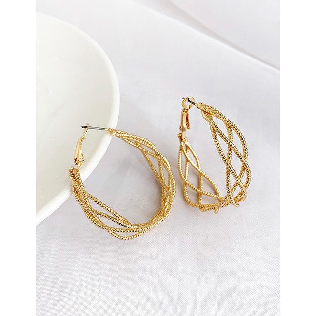 LRC Anting Tusuk Fashion Silver Alloy Hollow Woven Circle Stud Earrings D84460