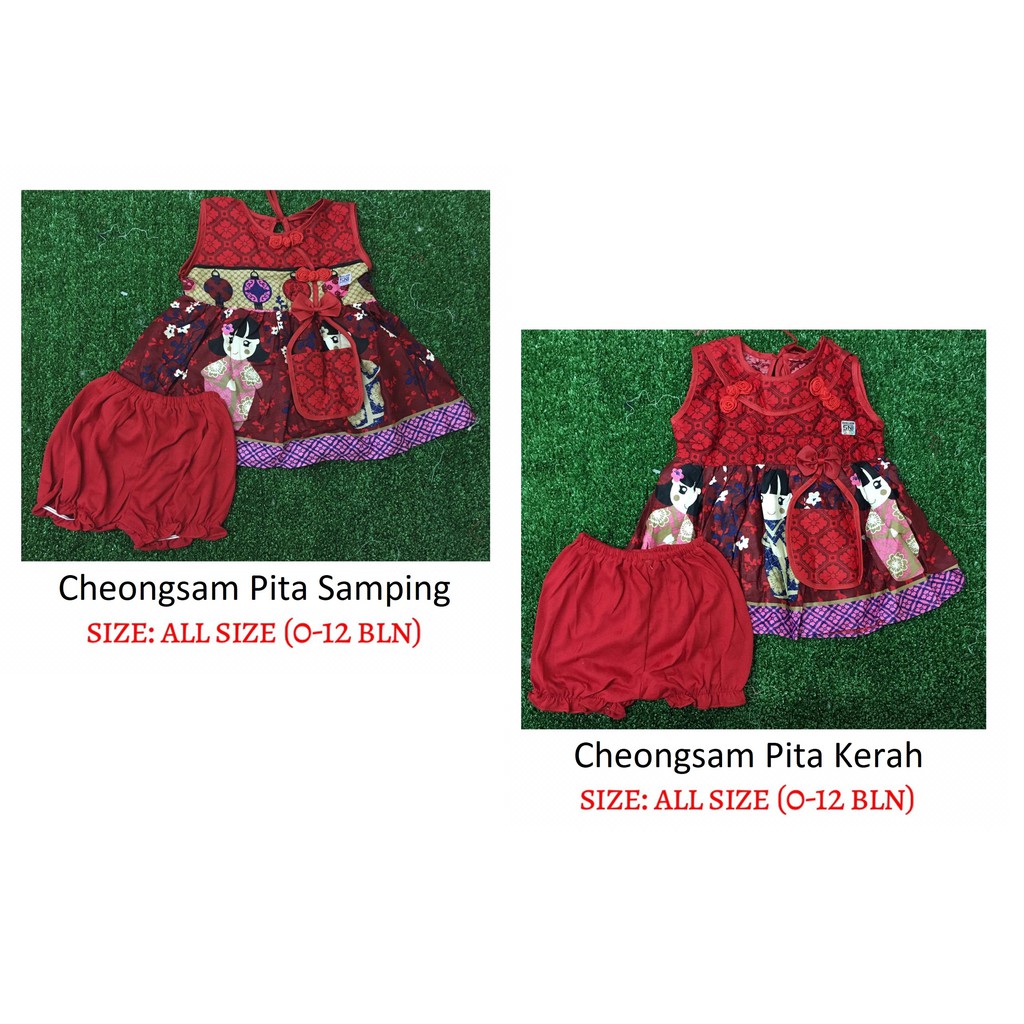 3in1 Dress Warna Merah Newborn + Celana + Tas 0-12 bulan Dress Red Cheongsam CBKS AM