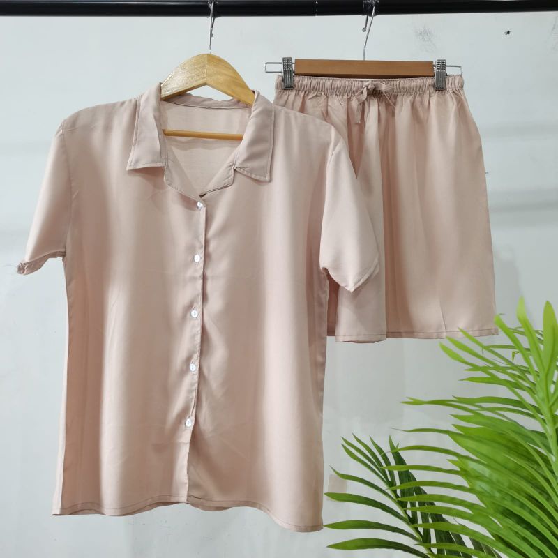 PIYAMA KANCING PENDEK | PIYAMA RAYON | BAJU TIDUR RAYON-KCB CREAM