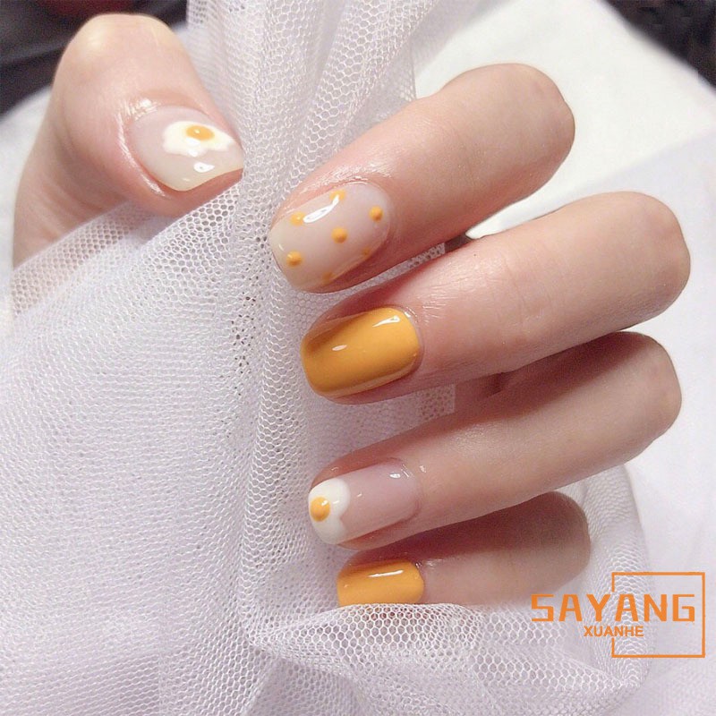 Mango Yellow Poached Egg Cartoon Pattern False Nails Cute Summer