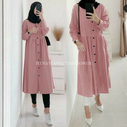 Tunik Long Tiedye Remaja Muslim Terbaru Kekinian 2021 Set Tidie M WW849 Tunik Button Dzuvia - Merah