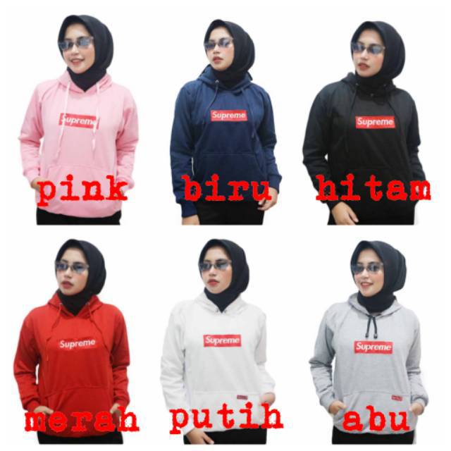 Jaket hoodie switer supreme cewek wanita logo bordir pink nevy hitam putih abu