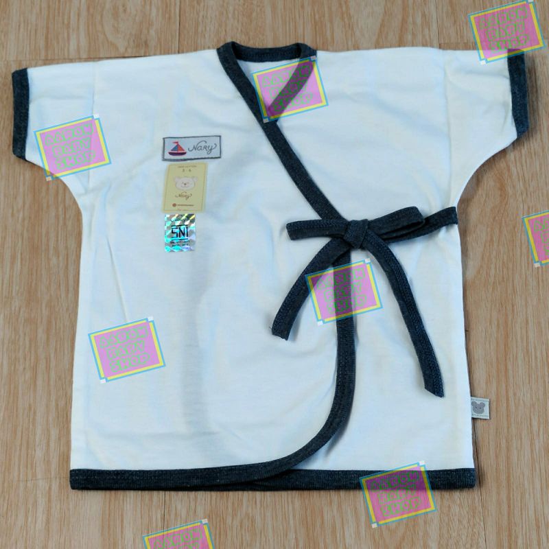 Baju Bayi Kimono Pendek NARY Size 0-3 / 3-6 bulan Warna / Putih Katun Premium Newborn SNI (KPDK)-Putih-Bis DenimNavy