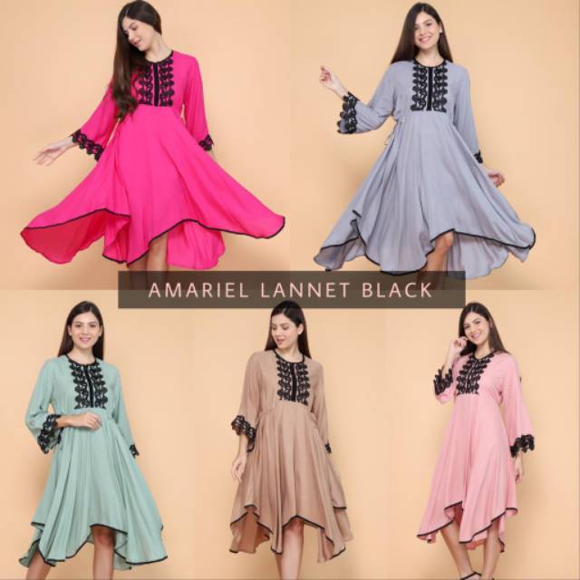 Daster arab AMARIEL LANNET BLACK Dress Rayon Midi Tunik Mewah Kekinian