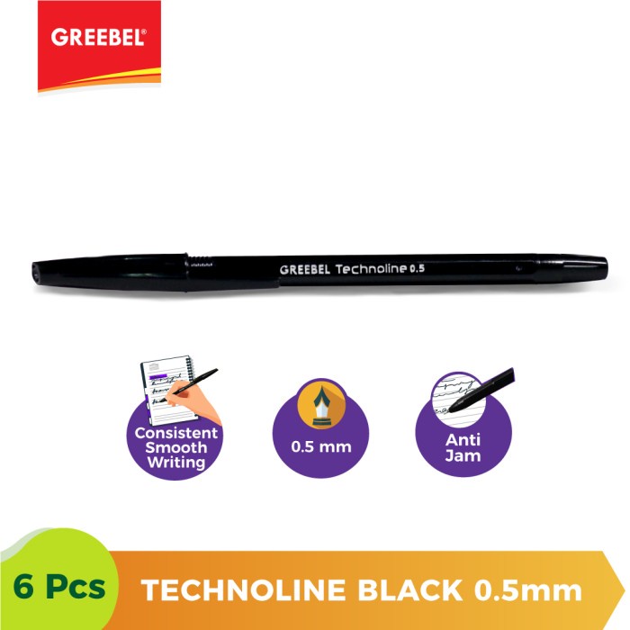 Ballpen Hitam Pulpen Greebel Ballpoint Technoline0.5 Black - 6pcs.