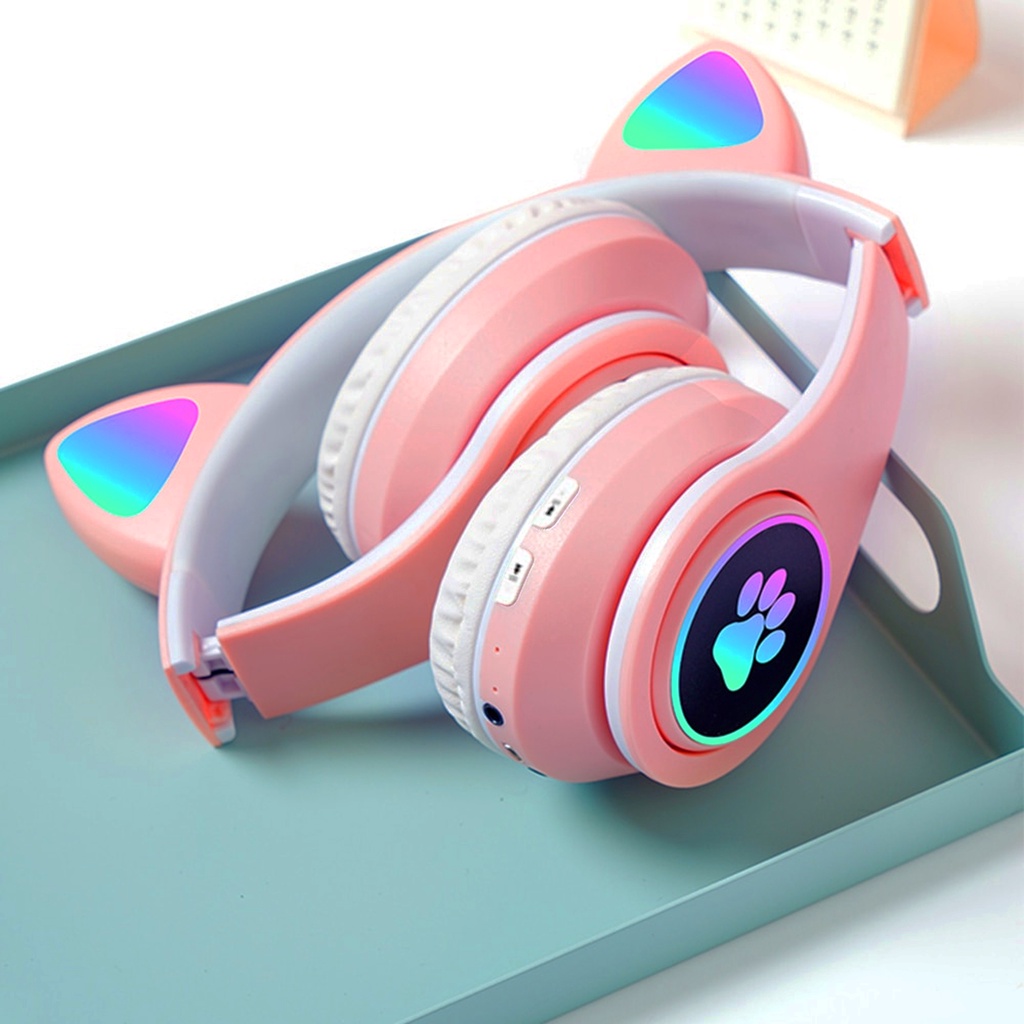 Headset B39 STN28 LED Headphone Kucing Viral Karakter RGB LED Color Gaming Bluetooth Wireless Game Headset anak Perempuan