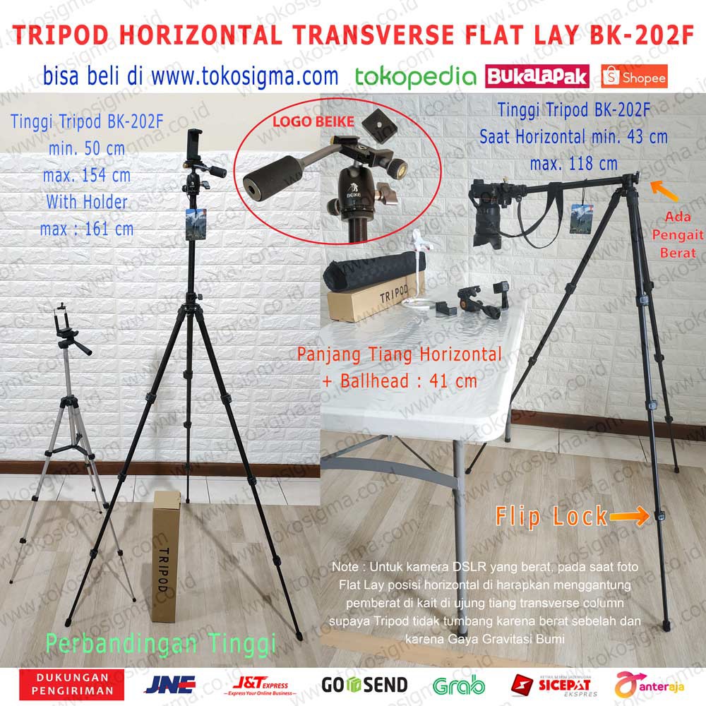 Tripod KAMERA HP Horizontal Flat Lay Over TOP HEAD QZSD BEIKE BK-202F