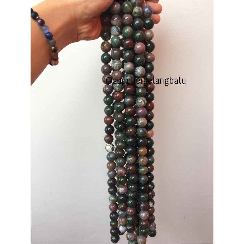 bahan gelang kalung 16mm INDIA AGATE glossy bloodstone hijau mix rare craft fashion aksesoris trend