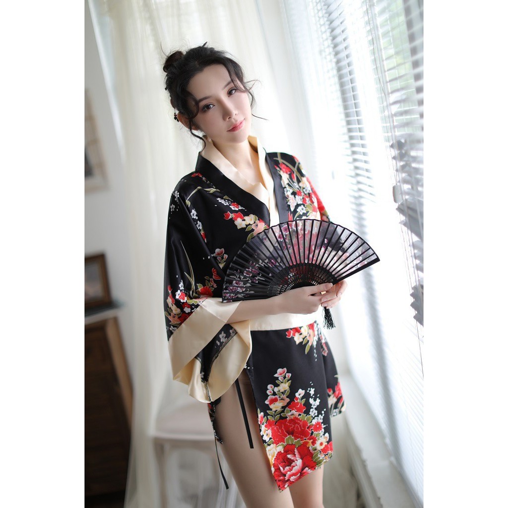 LI-86 lingeria atau baju tidur mini kimono yukata baju tidur lingeria cosplay-HITAM