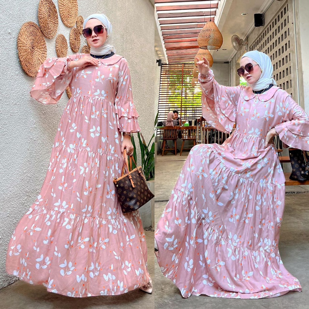 Gamis Terbaru  Flower Rayon Viscose Premium Dress Wanita Lengan Panjang Longdress Bunga LD 110 cm