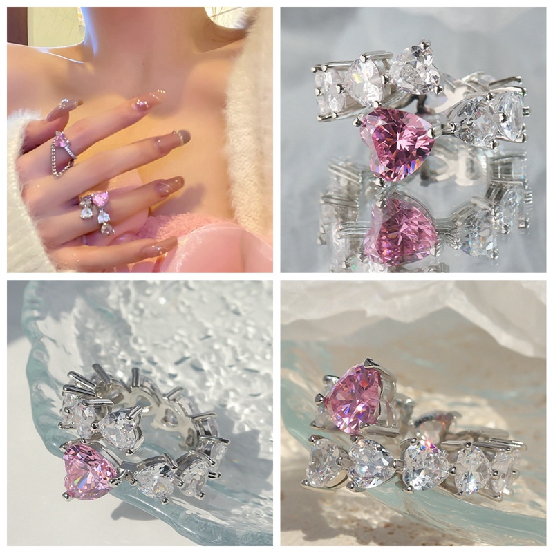Cincin Model Terbuka Bentuk Hati Geometris Bahan Zirkon Warna Pink Untuk Wanita