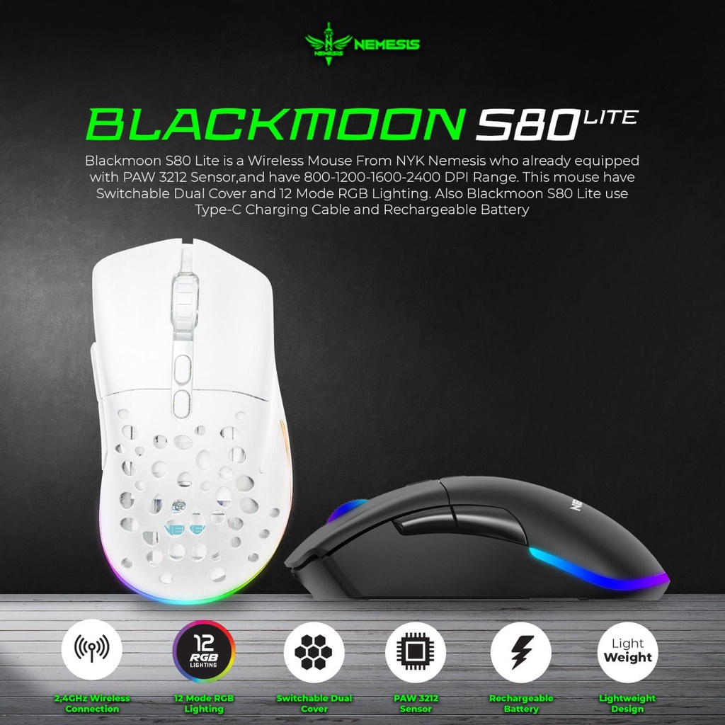 Mouse Gaming Wireless NYK Nemesis S80 Lite Blackmoon