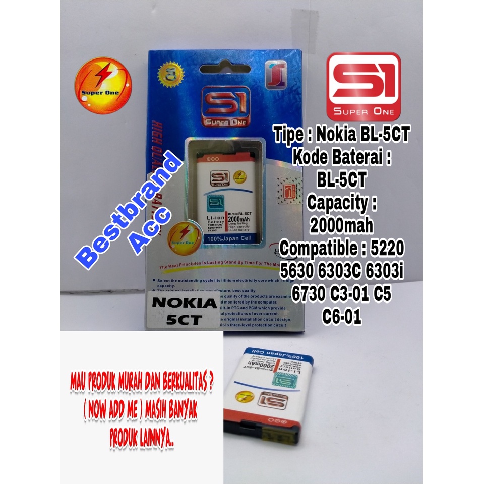 Baterai Battre Bateray Nokia 3720 6303i Classic 5630 Xpress Music BL5CT BL-5CT BL 5 CT Original Batr