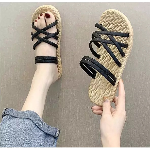 Sandal Wanita Tali Women Sandals Fashion Roman Cross Straps Flat Sandals Import Real Pict AFM