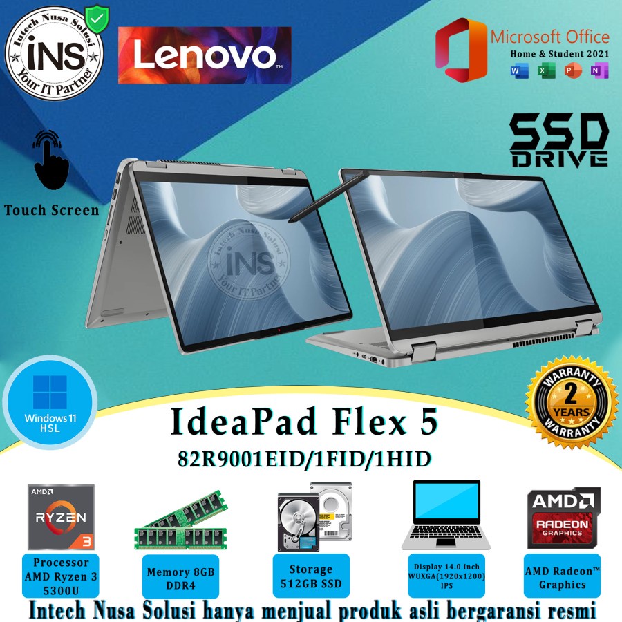 Lenovo IdeaPad Flex 5-14ALC7-1EID Ryzen 3 5300U 8GB 512GB SSD WIN11HSL OHS 21 2YR
