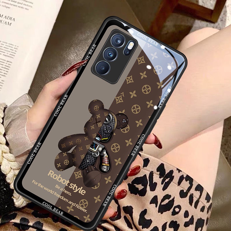 Bingkai Ganda Beruang Pola Casing Ponsel untuk Oppo Reno5 Reno5pro Reno6 Reno6Pro Reno6Z Penutup Kaca Blxl